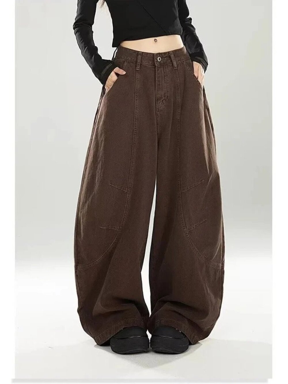 NWT KAFENQI Barrel Leg Pants 31 Vintage Brown Cotton Baggy Wide Leg